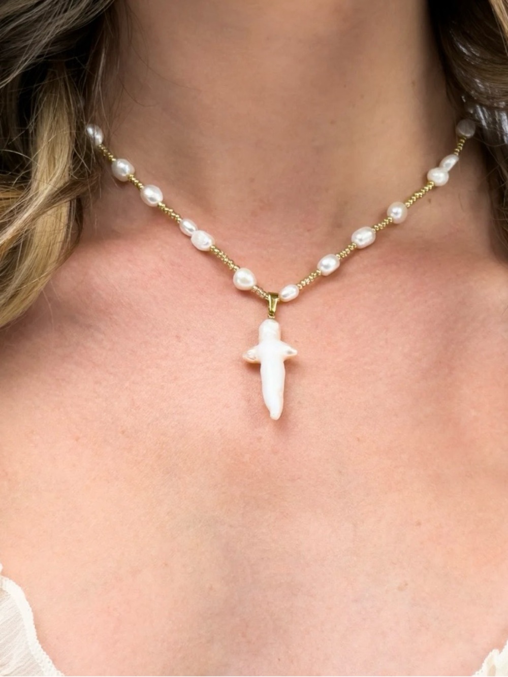 New with dustbag Oshena Pearl Necklace with Cross Pendant Retsils $210
